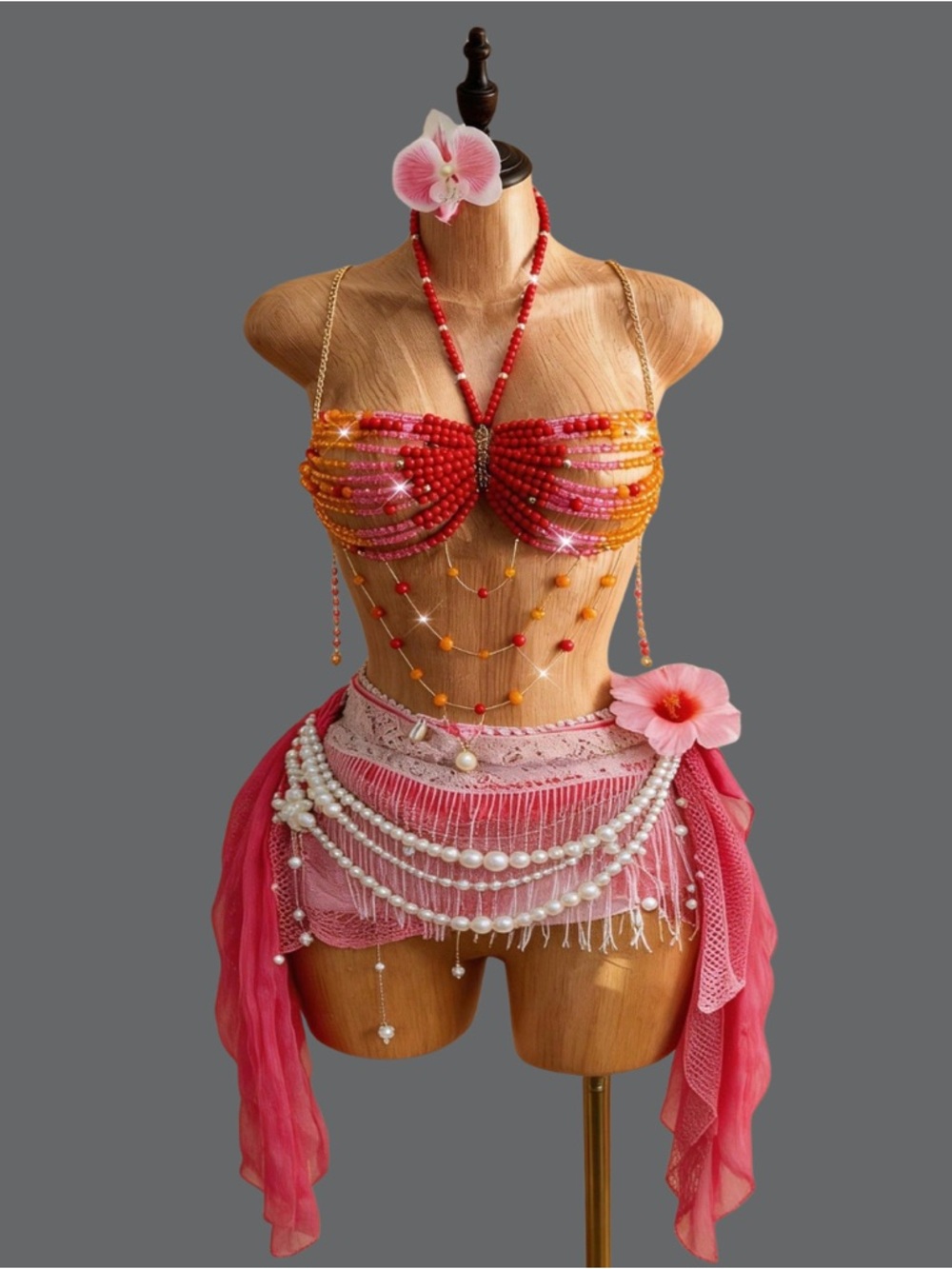 Beaded Pink & Orange Bikini Set with Pearl Hip Scarf - Women Swim